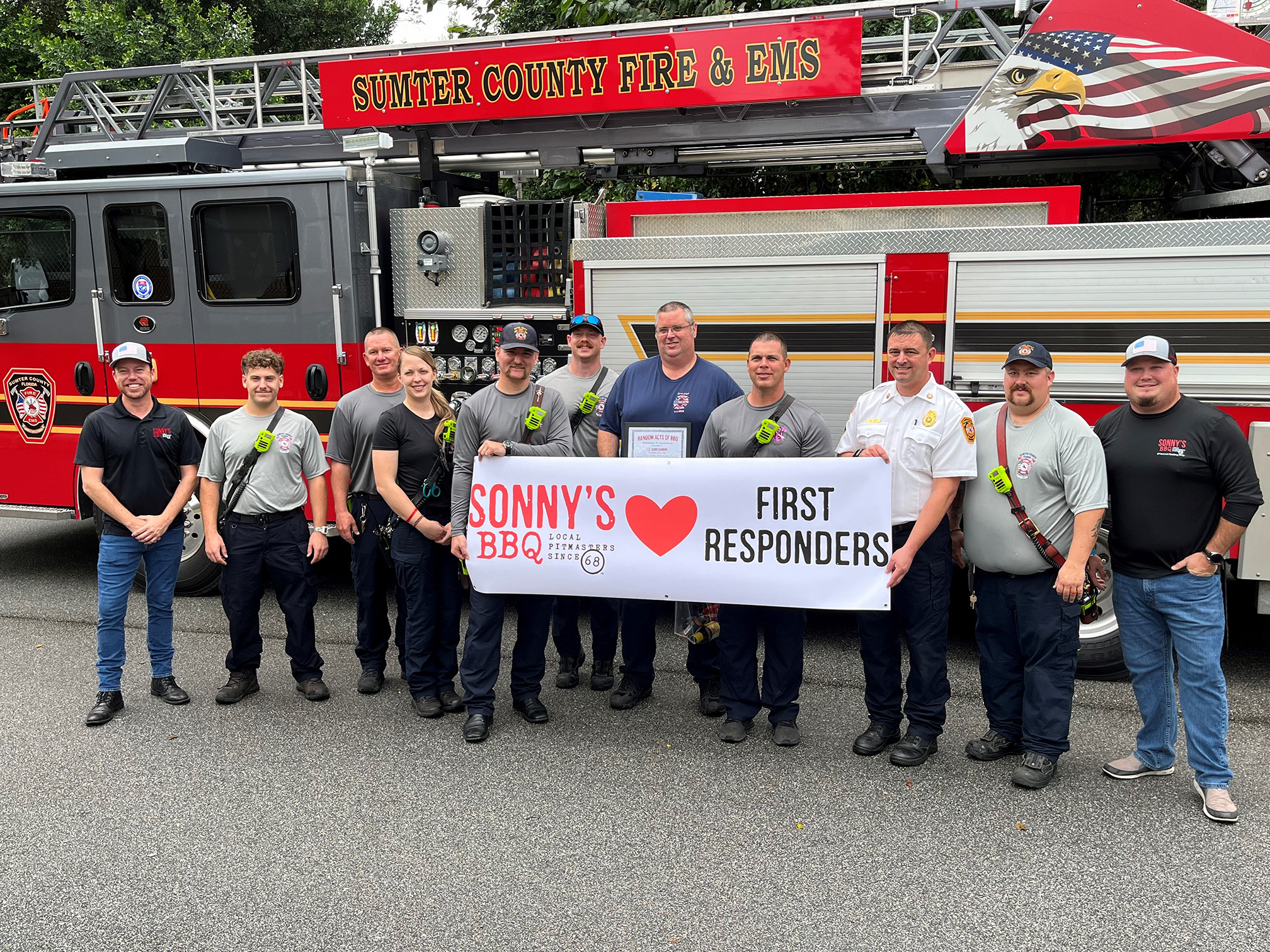 Sonny's BBQ team stands with First Responders in Sumter County to say thank you.